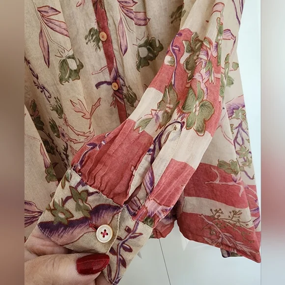 DONNA KARAN Tan Red Cotton Silk Floral Print Long Sleeve Tunic Blouse SZ Small